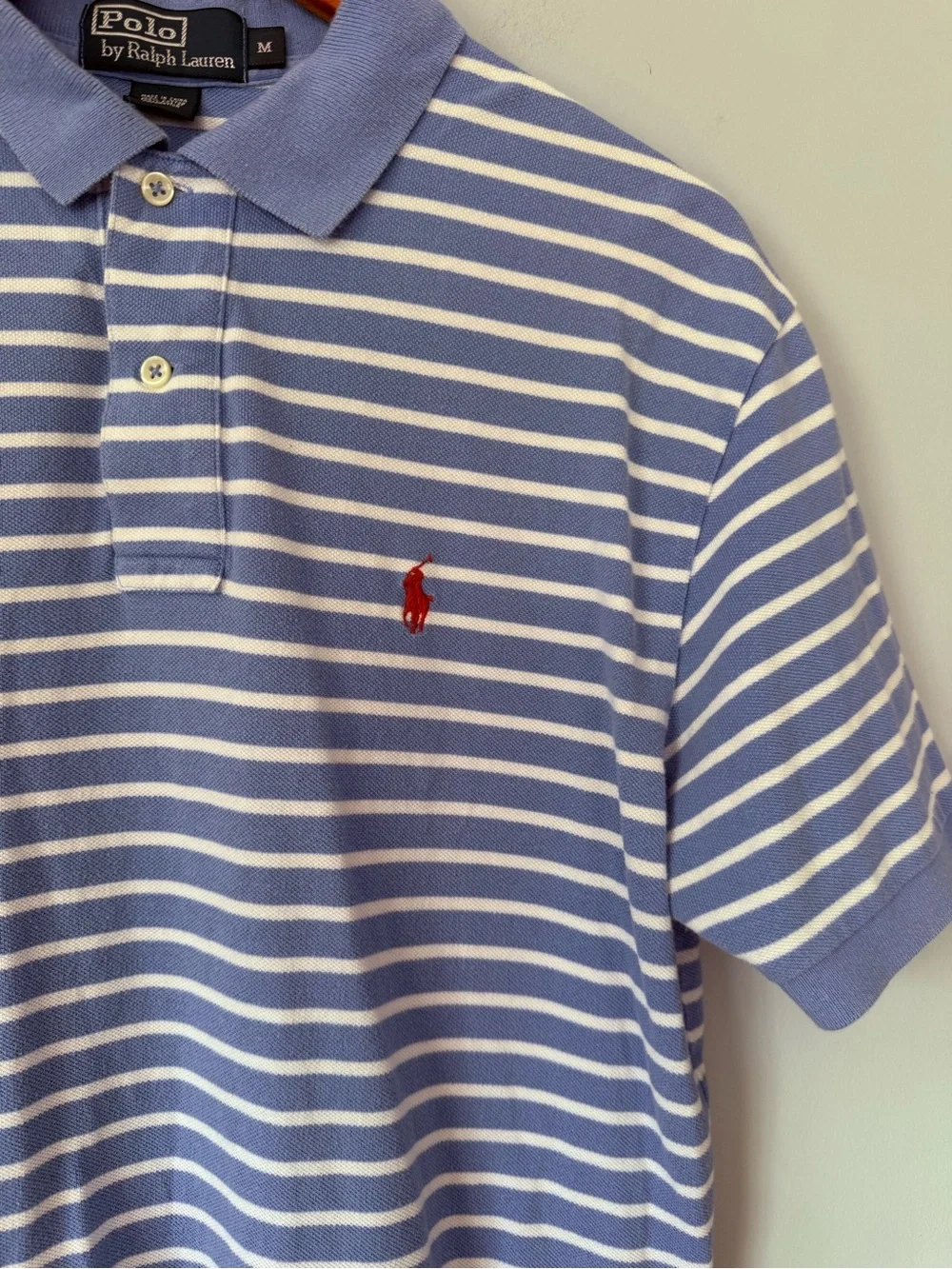 Polo Ralph Lauren Blue White Striped Polo Shirt Red Pony Men's Medium Cotton